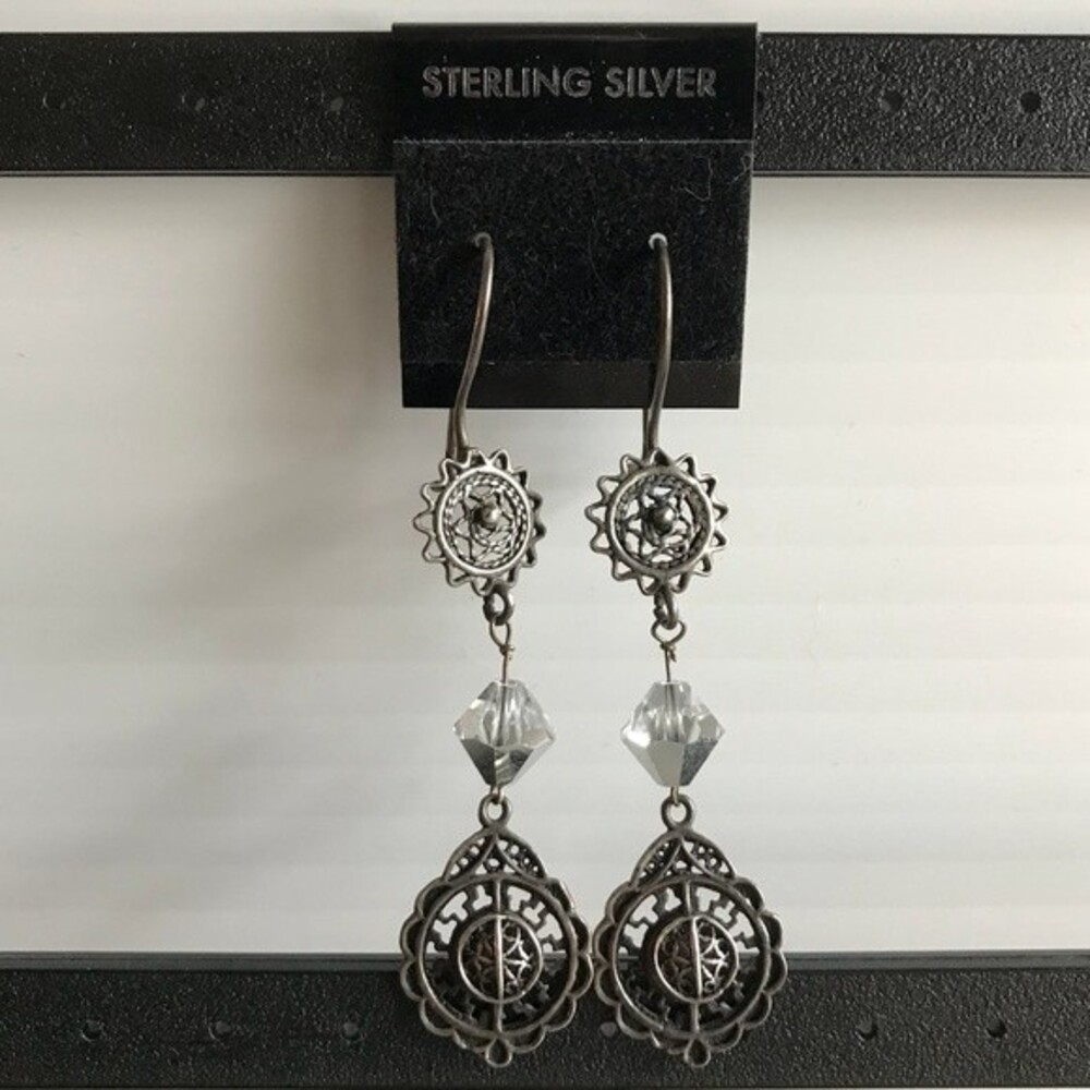 Vintage Bohemian Sterling Silver Swarovski Crystal Dangle Drop Earrings Boho